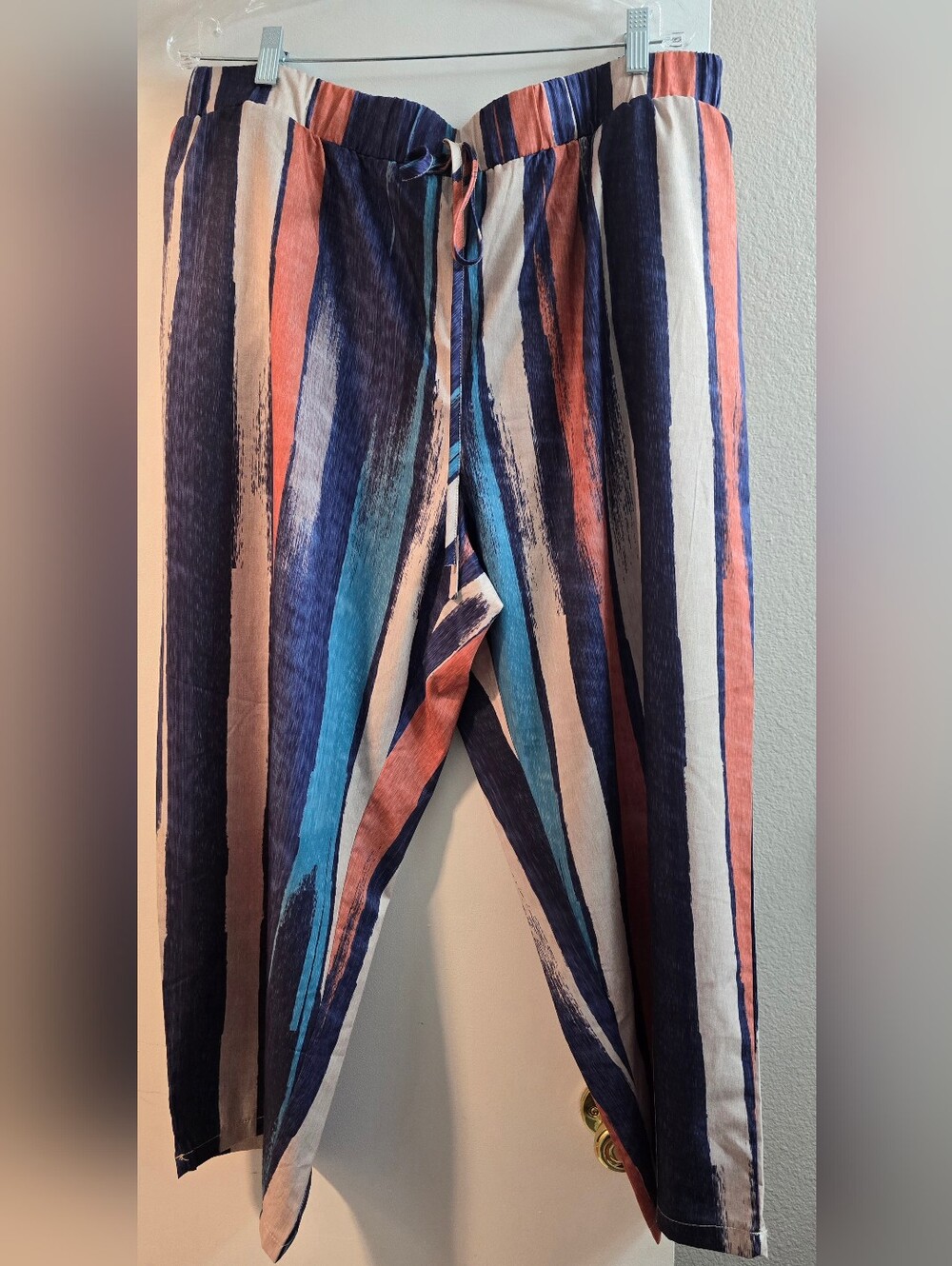 113 Striped Drawstring Wide-Leg Pants — Blue, Coral & Cream